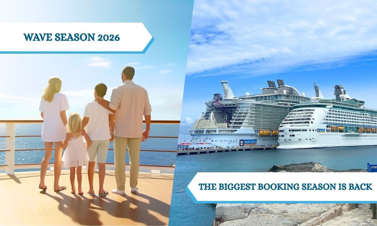 family on a cruise deck, with a banner that says the wave season is the biggest booking season