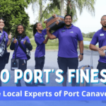 Group of Go Port employees, in Go Port polo's, stand holding various travel items, like a suitcase. Text reads " Go Ports Finest: The Local Experts of Port Canaveral"