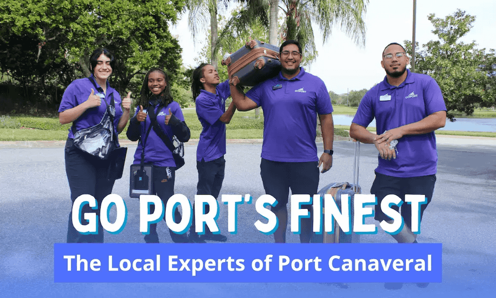 Group of Go Port employees, in Go Port polo's, stand holding various travel items, like a suitcase. Text reads " Go Ports Finest: The Local Experts of Port Canaveral"