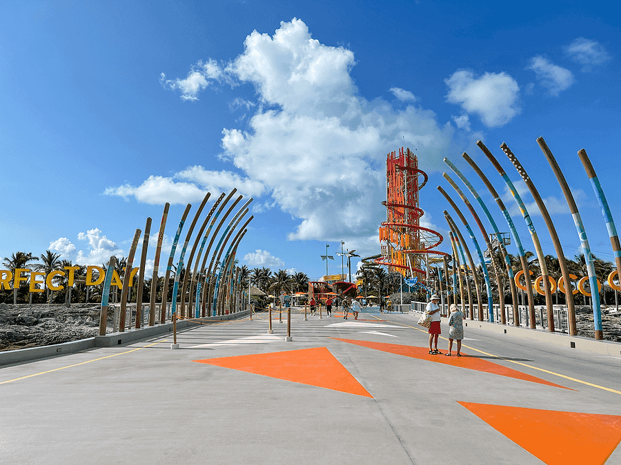 Guests walking from their cruise onto CoCo Kay island in the Bahamas.