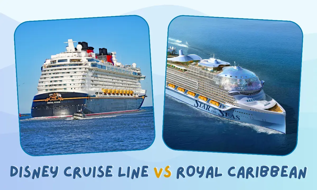 Disney Cruise Line ship sailing the ocean next to Royal Caribbean ship, with a blue sky behind.