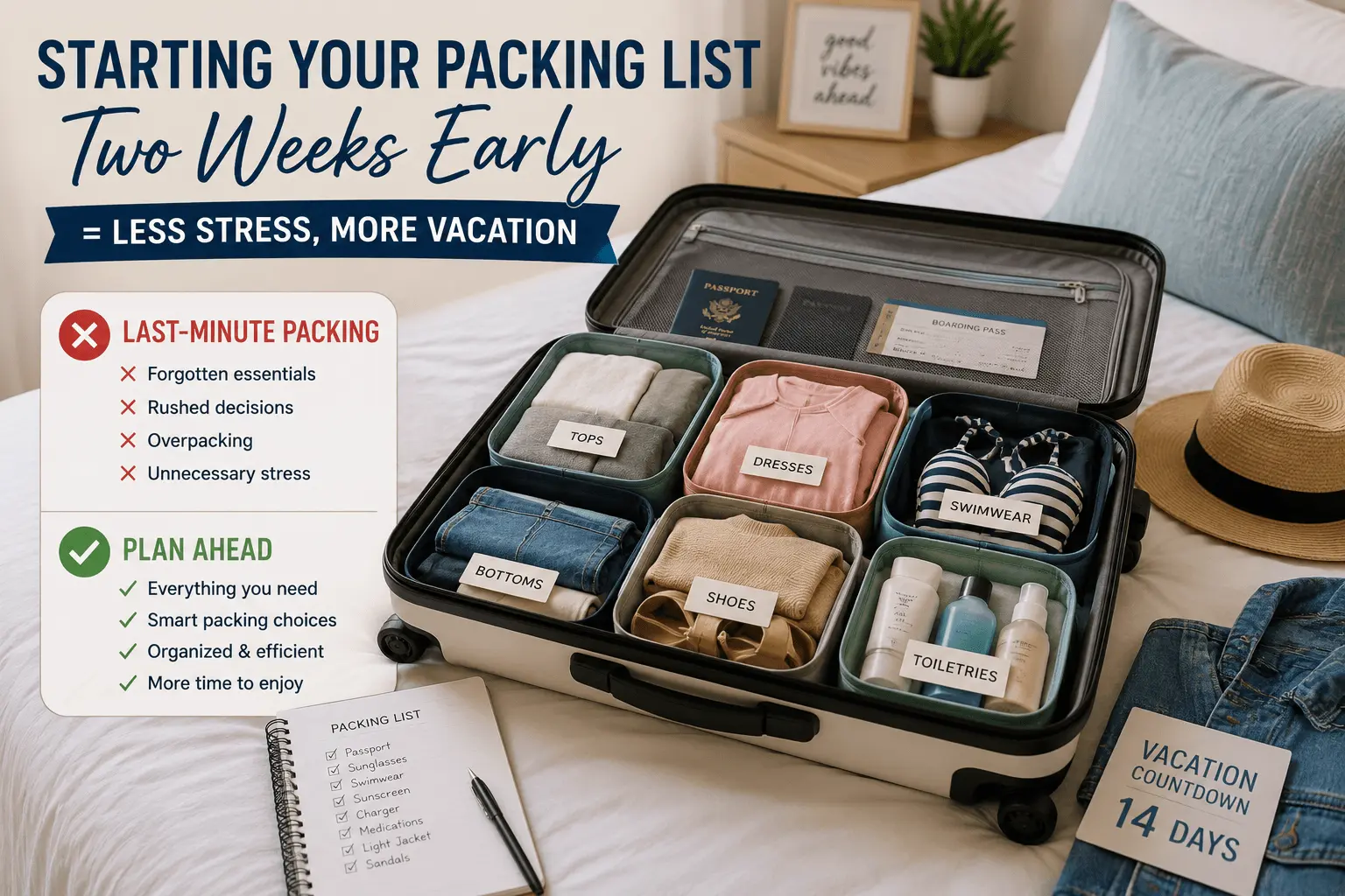 An organized suitcase packed with neatly separated clothing, toiletries, travel documents, and accessories on a bed, illustrating how starting your packing list two weeks before a cruise can reduce last-minute stress and improve travel preparation.