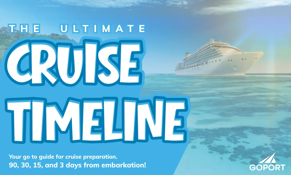 Ultimate Cruise Timeline infographic for planning cruise preparations 90, 30, 15, and 3 days before embarkation.