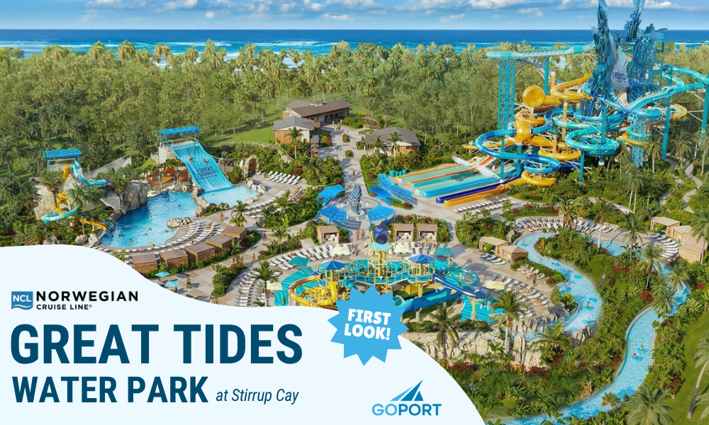 NCL_Waterpark_Banner Aerial view of Norwegian Cruise Line’s Great Tides Waterpark at Great Stirrup Cay, featuring twisting waterslides, pools, a lazy river, splash areas, and tropical landscaping.