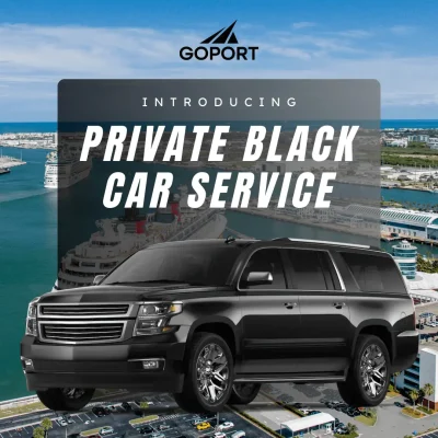 graphic showing large black suv over port canaveral cruise terminal with go port logo and text that says introducing private black car service